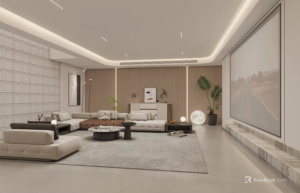 Modern Basement Living Area With Sofas And Decor 3d model