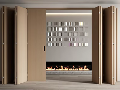 Folding Doors Open To Modern Interior With Fire Feature 3d model