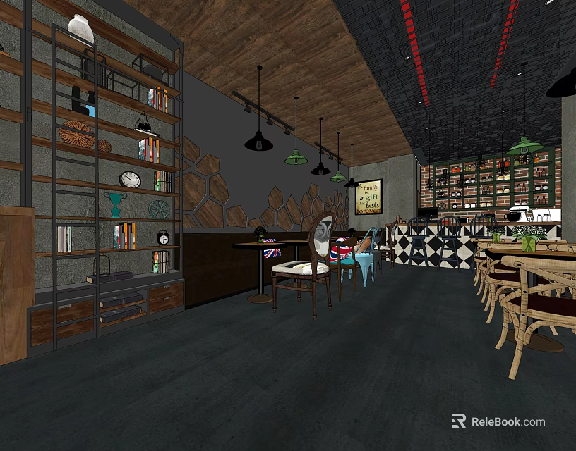 Industrial Style Milk Tea Shop Interior With Wooden Shelves Hanging Lamps And Bar Counter 3d model 