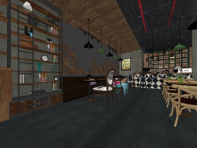 Industrial Style Milk Tea Shop Interior With Wooden Shelves Hanging Lamps And Bar Counter 3d model