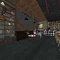 Industrial Style Milk Tea Shop Interior With Wooden Shelves Hanging Lamps And Bar Counter