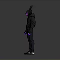 Stylish Character Wearing Black Hoodie Antlered Hood Purple Accents Chain Dark Pants Sneakers