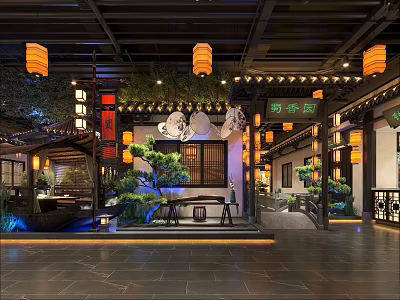 Traditional Chinese Restaurant Interior Featuring Hanging Lanterns Green Plants And Wooden Elements 3d model