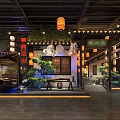 Traditional Chinese Restaurant Interior Featuring Hanging Lanterns Green Plants And Wooden Elements
