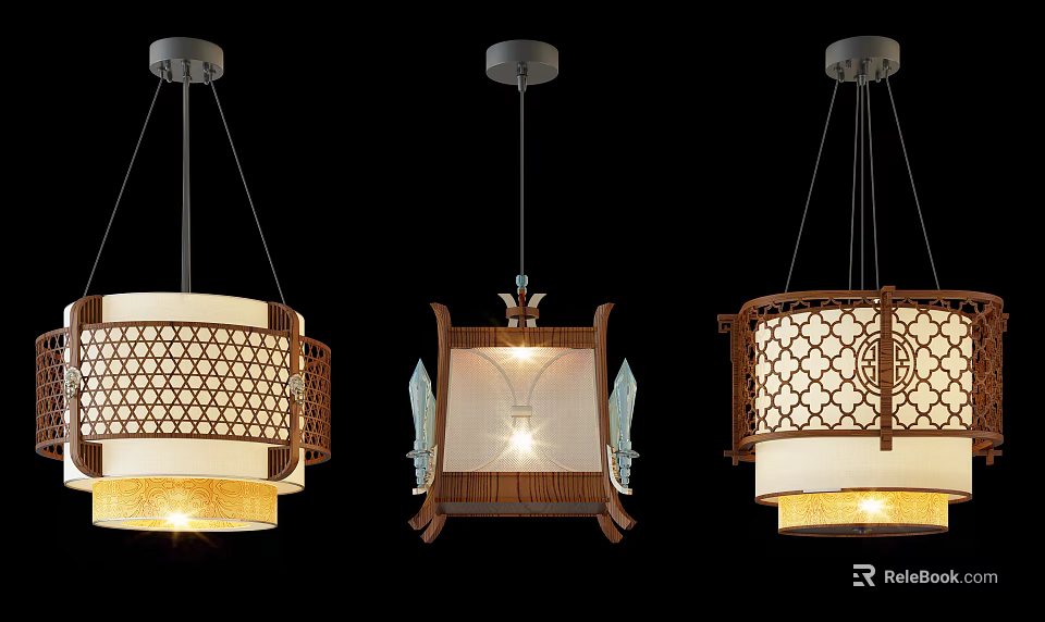 Traditional Style Chandeliers with Wooden Frame Hollow Pattern and White Lampshade 3d model 