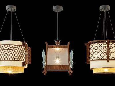 Traditional Style Chandeliers with Wooden Frame Hollow Pattern and White Lampshade 3d model