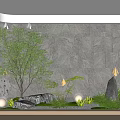 Indoor Landscape With Stone Wall Green Plants Small Tree Rocks And Round Lights