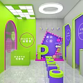 Vibrant Green Pink Photo Studio In Shopping Mall With Arched Entrance And Quality