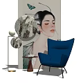 Blue Accent Chair In Modern Interior With Floor Lamp Side Table And Butterfly Art