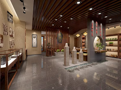Traditional Chinese Specialty Store Interior With Wooden Ceiling Display Cabinets And Stone Sculptures 3d model