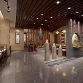Traditional Chinese Specialty Store Interior With Wooden Ceiling Display Cabinets And Stone Sculptures