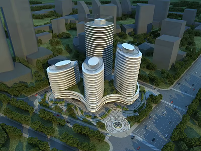 Modern Office Towers With Circular Tops And Curved Structure In Urban Green Landscape 3d model