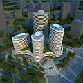 Modern Office Towers With Circular Tops And Curved Structure In Urban Green Landscape