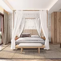 Modern Bedroom Interior Design With Canopy Bed White Drapes Wooden Panel Walls And Foot Bench