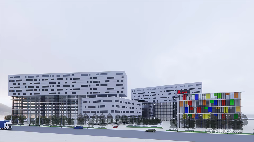 Modern Office Building Complex With White Exterior Square Windows And Colorful Panels 3d model 