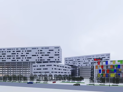 Modern Office Building Complex With White Exterior Square Windows And Colorful Panels 3d model