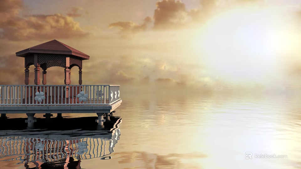 Serene Water Pavilion On Calm Water At Sunset With Cloud Reflections And Sky Glow 3d model 