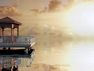 Serene Water Pavilion On Calm Water At Sunset With Cloud Reflections And Sky Glow 3d model