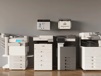 Office Appliances Various Models With Different Designs Arranged Against Gray Wall On Wooden Floor 3d model