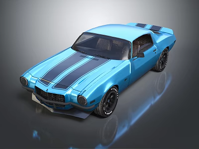 Blue Classic Sports Car with Black Racing Stripes Shiny Exterior and Black Wheels 3d model