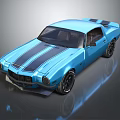 Blue Classic Sports Car with Black Racing Stripes Shiny Exterior and Black Wheels