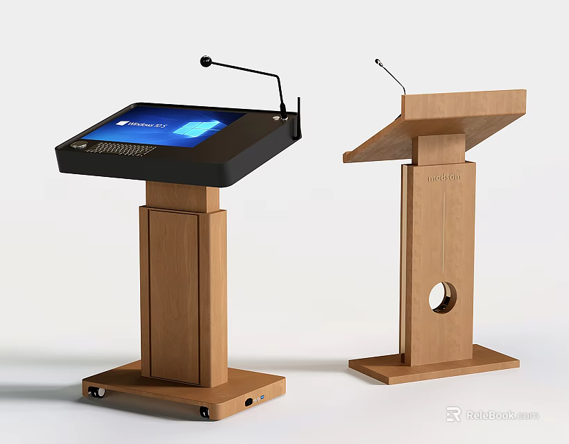 Wooden Podiums With Microphone Blue Screen And Wheels For Presentations 3d model 