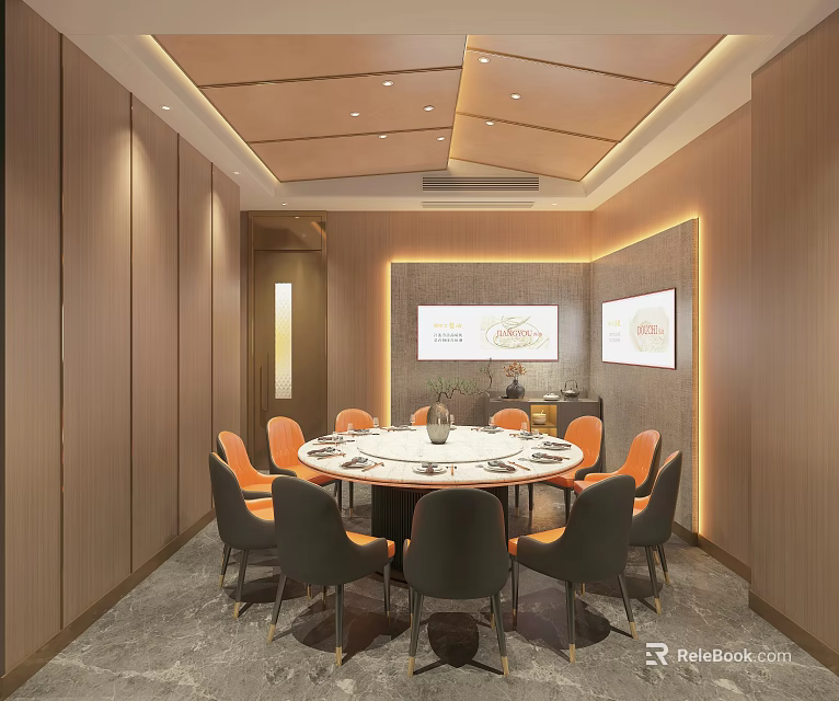 Private Dining Box Modern Interior With Round Table Orange Gray Chairs And Wall Screens 3d model