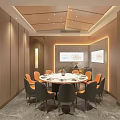 Private Dining Box Modern Interior With Round Table Orange Gray Chairs And Wall Screens 3d model