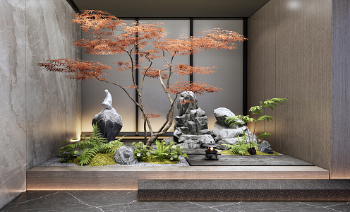 New Chinese style landscape sketch Zen courtyard sketch interior landscape sketch stone plant landscape red maple fern Zen landscape 3d model