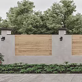Garden Landscape Featuring Wooden Fence Stone Wall Pillars Wall Lamps And Vegetable Plants