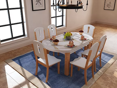 Round Dining Table Set with Six Wooden Chairs White Cushioned and Vase on Blue Rug 3d model