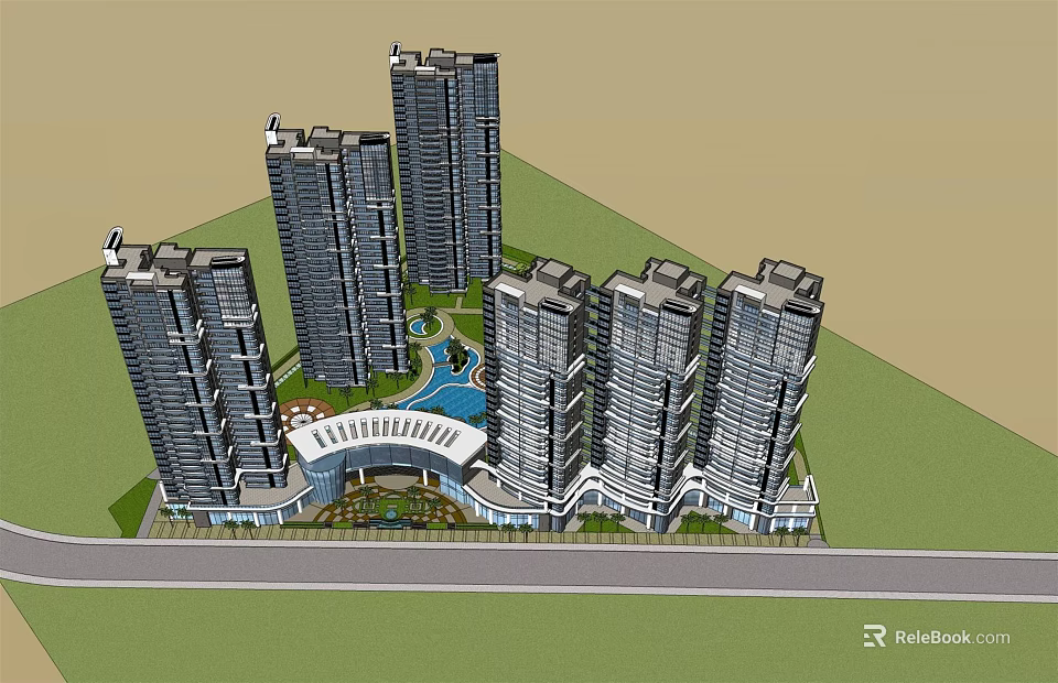 Modern High Rise Residential Community With Central Water Feature Green Areas And Road 3d model 