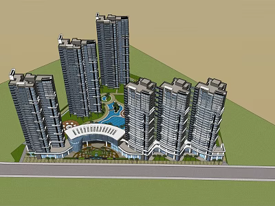 Modern High Rise Residential Community With Central Water Feature Green Areas And Road 3d model
