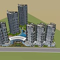 Modern High Rise Residential Community With Central Water Feature Green Areas And Road