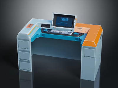 Modern Work Desk with Computer Monitor Keyboard Drawers and Blue Orange Design 3d model
