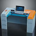 Modern Work Desk with Computer Monitor Keyboard Drawers and Blue Orange Design
