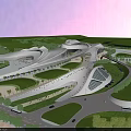 Aerial View Planning of Modern Architectural Complex with Streamlined Design Greenery Roads Crowds and Vehicles