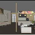 Modern Cafe Interior Design With Round Table White Chairs Bookshelf And Pendant Lighting
