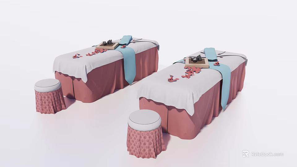 Comfortable Massage Beds With Pink Skirts White Sheets And Blue Towels With Side Stools 3d model 
