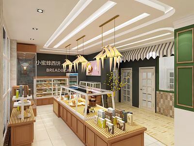 Dessert Shop Interior With Green Walls Wooden Counters Open Display Cases Pendant Lights And Bread Displays 3d model