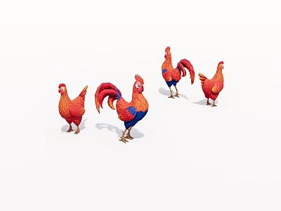 Red And Blue Chicken Rooster Figurines Standing On White Background 3d model