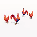 Red And Blue Chicken Rooster Figurines Standing On White Background