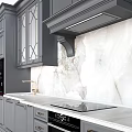 Modern Kitchen Gray Cabinets With Glass Doors Marble Countertop Drawers And Built In Coffee Maker
