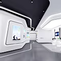 Modern Tech Exhibition Space With Curved White Structures And Display Screens 3d model