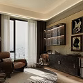 Modern Study Room Interior With Brown Armchair Curtains And Decorative Paintings