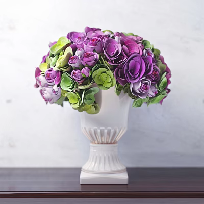 White Vase with Purple Roses and Green Leaves for Elegant Home Decor 3d model