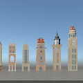 Various Classic And Modern Architectural Towers With Different Roof And Window Designs