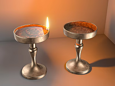 Two Metallic Vintage Candle Holders With Lit Flame For Indoor Decor 3d model