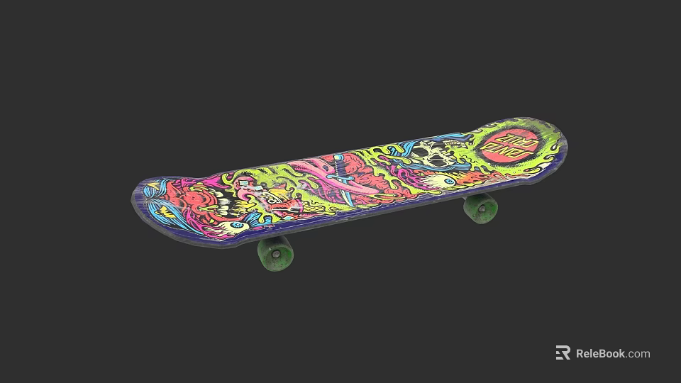 Colorful Skateboard With Vibrant Graphics And Green Wheels For Sports 3d model 