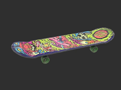 Colorful Skateboard With Vibrant Graphics And Green Wheels For Sports 3d model